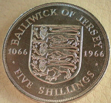 Load image into Gallery viewer, 1066-1966 QUEEN ELIZABETH II UNC BAILIWICK OF JERSEY FIVE SHILLING COIN&CAPSULE