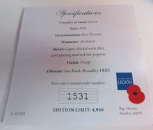 Load image into Gallery viewer, 2018 LEST WE FORGET JERSEY PROOF £5 FIVE POUND POPPY COIN COLORISED BOX & COA