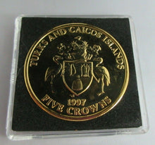 Load image into Gallery viewer, 1997 QEII GOLDEN ANNIVERSARY G/PLATED PROOF TURKS & CAICOS 5 CROWNS COIN BOX/COA
