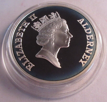 Load image into Gallery viewer, 1999 TOTAL ECLIPSE OF THE SUN ALDERNEY SILVER PROOF £5 COIN BOX & COA