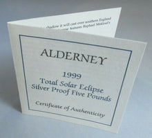 Load image into Gallery viewer, 1999 TOTAL ECLIPSE OF THE SUN ALDERNEY SILVER PROOF £5 COIN BOX & COA