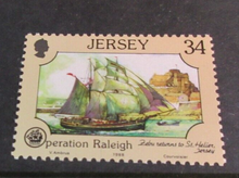 Load image into Gallery viewer, 1988 JERSEY OPERATION RALEIGH DECIMAL STAMPS X 4 MNH IN STAMP HOLDER