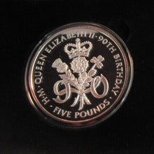 Load image into Gallery viewer, 2016 QUEEN ELIZABETH II 90th BIRTHDAY SILVER PROOF 5oz TDC £5 COIN BOX & COA