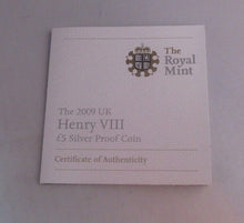 Load image into Gallery viewer, 2009 HENRY VIII UK SILVER PROOF £5 FIVE POUND COIN WITH BOX & COA