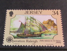Load image into Gallery viewer, 1988 JERSEY OPERATION RALEIGH DECIMAL STAMPS X 4 MNH IN STAMP HOLDER
