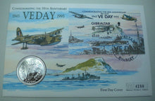 Load image into Gallery viewer, 1995 VE DAY 50TH ANNIVERSARY SILVER BUNC GIBRALTAR £5 COIN COVER PNC/INFO SHEET