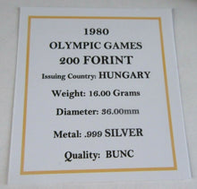 Load image into Gallery viewer, 1980 OLYMPIC GAMES .999 SILVER BU HUNGARY 200 FORINT COIN BOX & COA