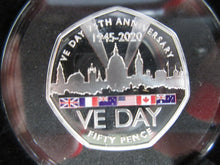 Load image into Gallery viewer, 2020 VE DAY 75th ANNIVERSARY SILVER PROOF PIEDFORT COLOURED 50P BOXED WITH COA