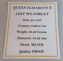 Load image into Gallery viewer, 2008 QEII LEST WE FORGET GIBRALTAR SILVER PROOF £5 FIVE POUND CROWN BOX & COA