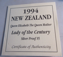 Load image into Gallery viewer, 1994 SILVER PROOF NEW ZEALAND 1 DOLLAR QUEEN MOTHER LADY OF THE CENTURY BOX&COA