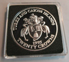Load image into Gallery viewer, 1995 VE DAY 50th ANNIVERSARY TURKS & CAICOS SILVER PROOF 20 CROWNS COIN BOX &COA