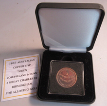 Load image into Gallery viewer, 1857 JOSEPH LANE & SONS 29MM AUSTRALIAN COPPER 1/2P TOKEN FOR ALLOYING GOLD RARE