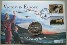 Load image into Gallery viewer, 1995 VICTORY IN EUROPE CEASEFIRE TURKS & CAICOS BUNC 5 CROWN COIN COVER PNC