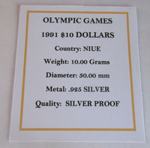 Load image into Gallery viewer, 1991 OLYMPIC GAMES NIUE SILVER PROOF $10 DOLLAR COIN BOX & COA