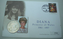 Load image into Gallery viewer, 1998 DIANA PRINCESS OF WALES 1961-1997 BUNC 5 CROWN COIN PNC STAMP & POSTMARK