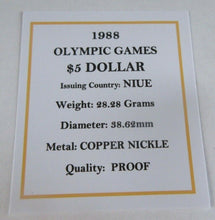 Load image into Gallery viewer, 1988 OLYMPIC GAMES NIUE PROOF $5 DOLLAR COIN BOX & COA