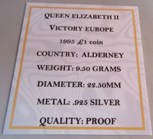 Load image into Gallery viewer, QUEEN ELIZABETH II VICTORY IN EUROPE ALDERNEY 1995 SILVER PROOF £1 COIN BOX &COA
