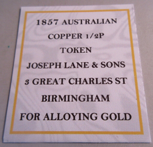 Load image into Gallery viewer, 1857 JOSEPH LANE & SONS 29MM AUSTRALIAN COPPER 1/2P TOKEN FOR ALLOYING GOLD RARE