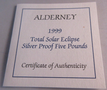 Load image into Gallery viewer, 1999 TOTAL ECLIPSE OF THE SUN ALDERNEY SILVER PROOF £5 COIN BOX & COA