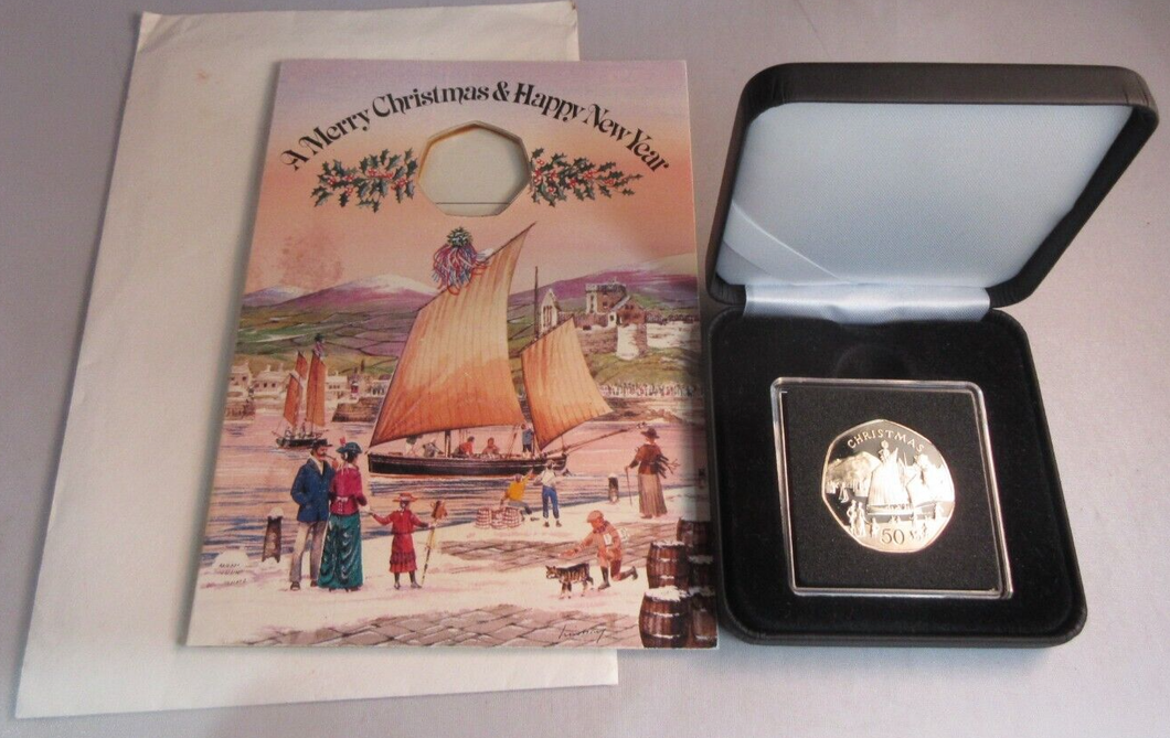 1981 QEII CHRISTMAS COLLECTION IOM BB MARK DIAMOND FINISH 50P COIN CARD BOX &COA