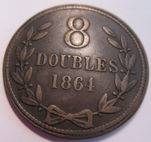 Load image into Gallery viewer, 1864 GUERNSEY 8 DOUBLES COIN VF-EF  PRESENTED IN A PROTECTIVE CLEAR FLIP
