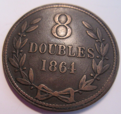 1864 GUERNSEY 8 DOUBLES COIN VF-EF  PRESENTED IN A PROTECTIVE CLEAR FLIP