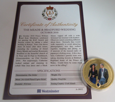 2011 MEADE & BRADFORD WEDDING OCTOBER 2010 GOLD PLATED COOK ISLANDS  $1 COIN/COA