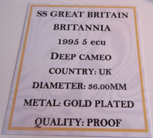 Load image into Gallery viewer, 1995 SS GREAT BRITAIN BRITANNIA DEEP CAMEO GOLD PLATED PROOF 5 ECU CAPSULE &amp; COA
