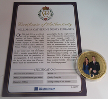 Load image into Gallery viewer, 2010 WILLIAM &amp; CATHERINE NEWLY ENGAGED GOLD PLATED COOK ISLANDS  $1 COIN/COA
