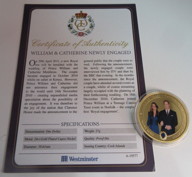2010 WILLIAM & CATHERINE NEWLY ENGAGED GOLD PLATED COOK ISLANDS  $1 COIN/COA