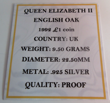 Load image into Gallery viewer, 1992 £1 QUEEN ELIZABETH II ENGLISH OAK SILVER PROOF ONE POUND COIN BOX &amp; COA
