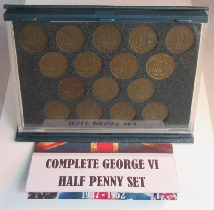COMPLETE SET OF GEORGE VI HALF PENNIES 1937-1952 16 COIN SET IN R/MINT BLUE BOOK
