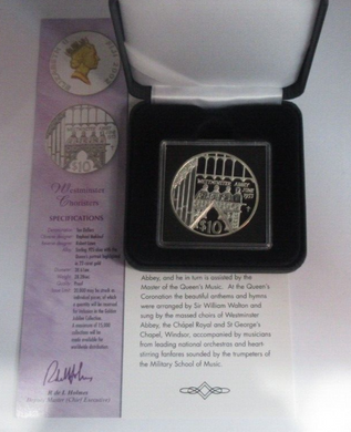 2002 Westminster Choristers Golden Jubilee 1oz Silver Proof Fiji $10 Coin BoxCOA