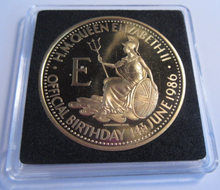 Load image into Gallery viewer, 1986 QEII 60TH BIRTHDAY GOLD PLATED PROOF MEDAL CAPSULE BOX &amp; COA

