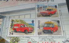 Load image into Gallery viewer, Jersey Postal History II 3x Stamp Block Postal Vehicles Morris Minor FordTransit
