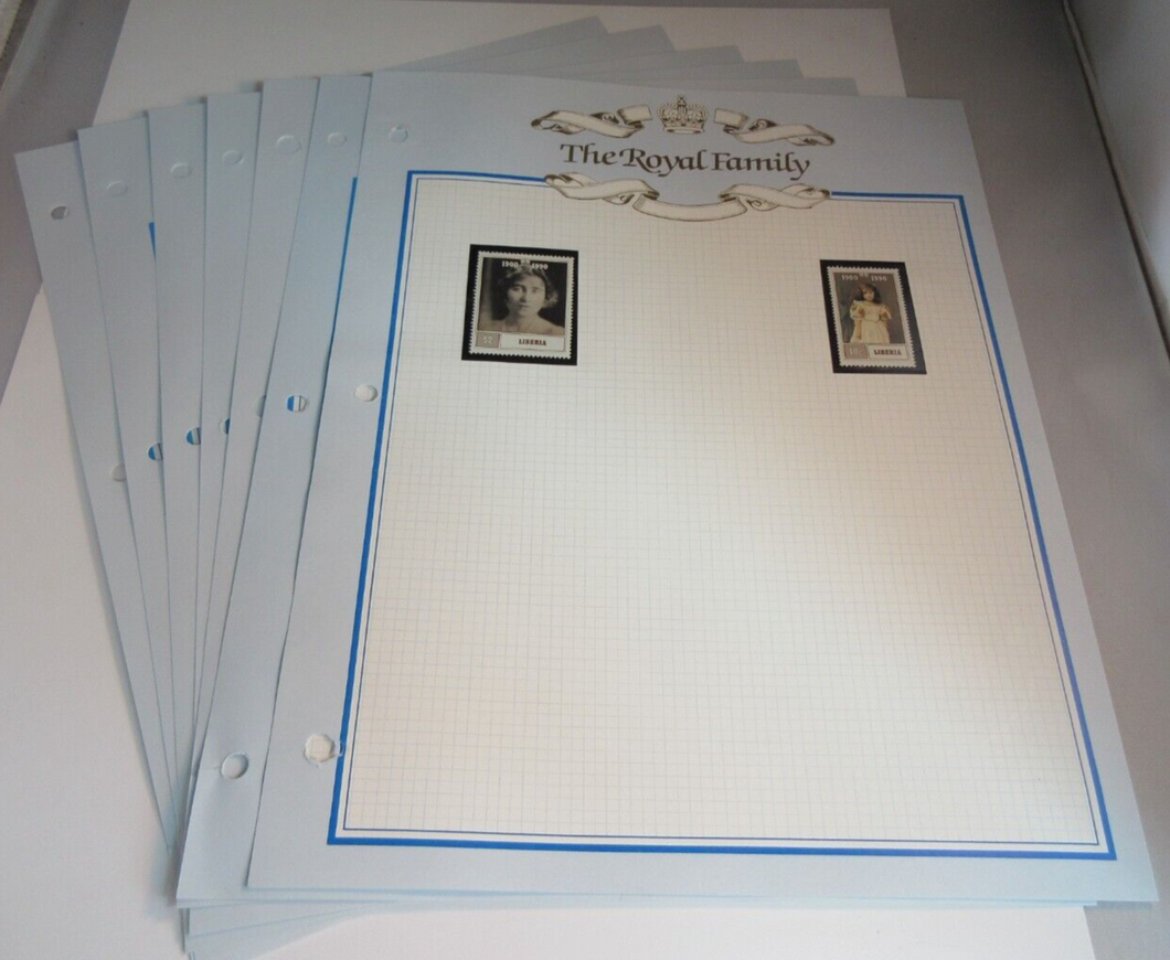 HMQE THE QUEEN MOTHER 85th & 90th BIRTHDAY STAMPS ON 7 ROYAL FAMILY ALBUM SHEETS