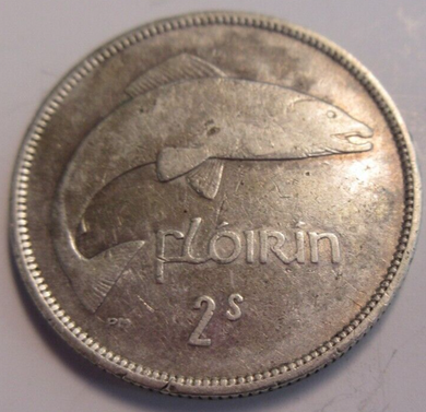 1940 IRELAND EIRE FLORIN COIN REVERSE SALMON OBVERSE HARP VF IN CLEAR FLIP