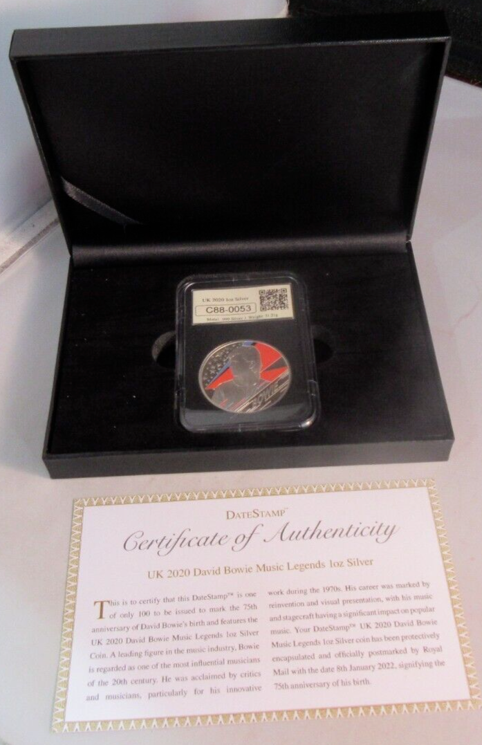 DAVID BOWIE 2020 SILVER PROOF 1OZ UK £2 ROYAL MINT COIN COLOURED IN BOX WITH COA