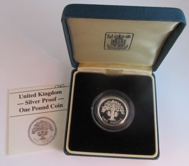 1987 £1 ONE POUND SILVER PROOF COIN ENGLISH OAK ROYAL MINT BOX & COA