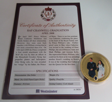Load image into Gallery viewer, 2011 RAF CRANWELL GRADUATION APRIL 2008 GOLD PLATED COOK ISLANDS  $1 COIN/COA
