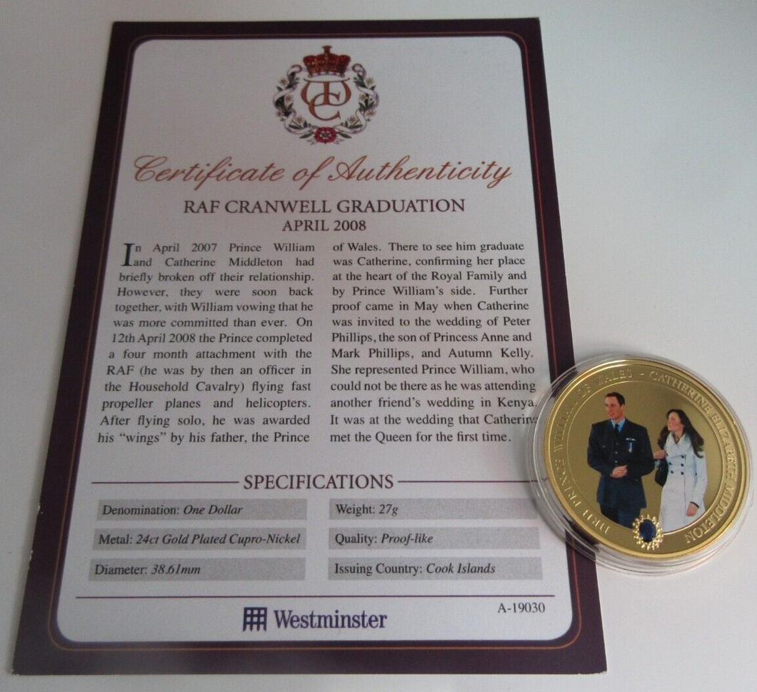2011 RAF CRANWELL GRADUATION APRIL 2008 GOLD PLATED COOK ISLANDS  $1 COIN/COA