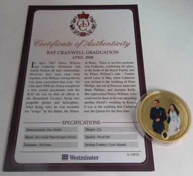 2011 RAF CRANWELL GRADUATION APRIL 2008 GOLD PLATED COOK ISLANDS  $1 COIN/COA