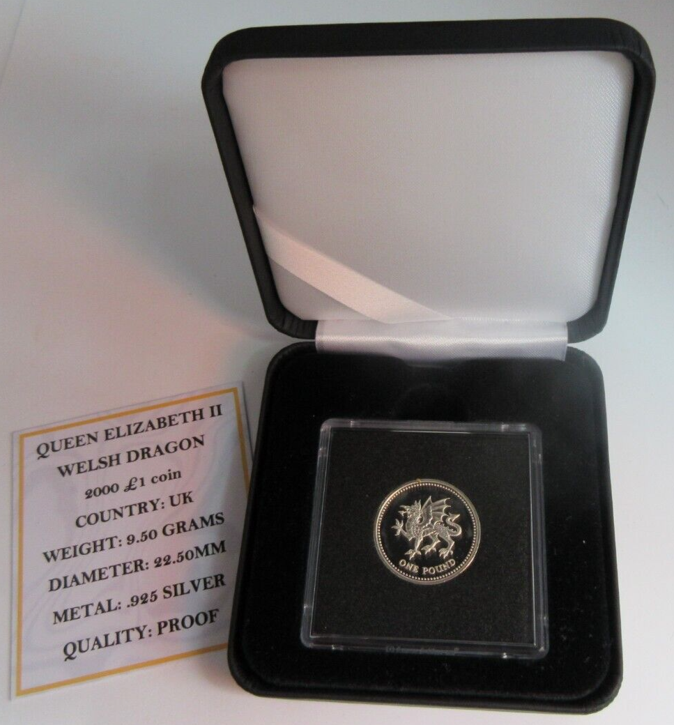 2000 £1 QUEEN ELIZABETH II WELSH DRAGON SILVER PROOF ONE POUND COIN BOX & COA