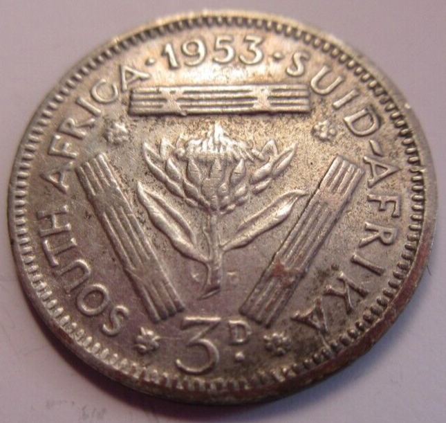QUEEN ELIZABETH II 3d .500 SILVER THREEPENCE COIN 1953 SOUTH AFRICA & FLIP