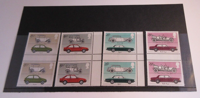 1982 BRITISH MOTOR CARS GUTTER PAIRS 8 STAMPS MNH IN CLEAR FRONTED HOLDER