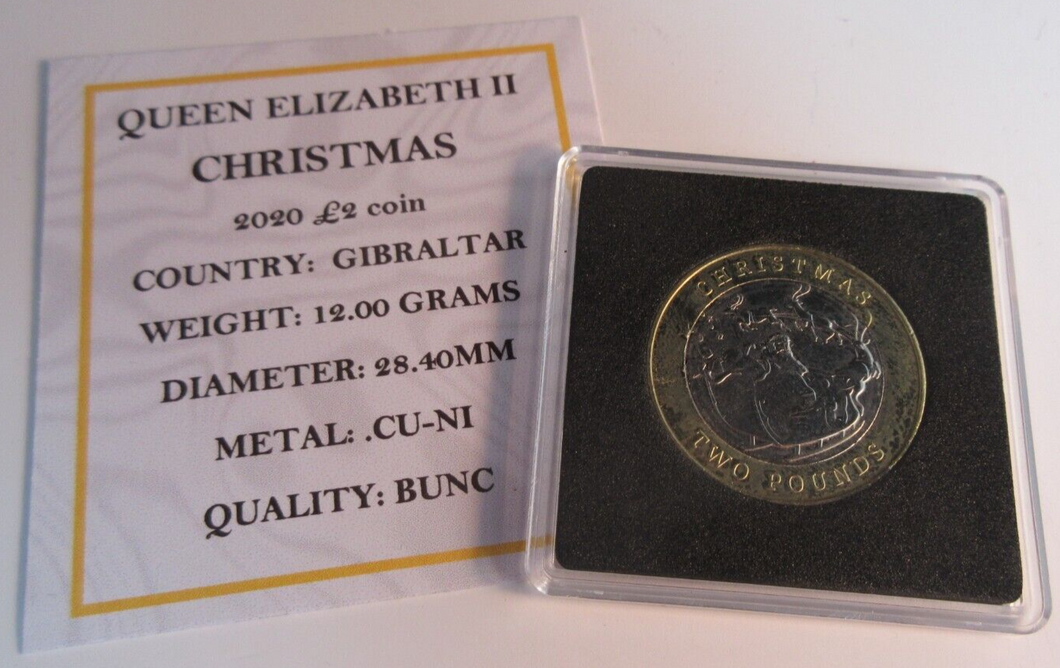 2020 QEII CHRISTMAS £2 COIN GIBRALTAR BUNC PRESENTED IN QUAD CAPSULE WITH COA