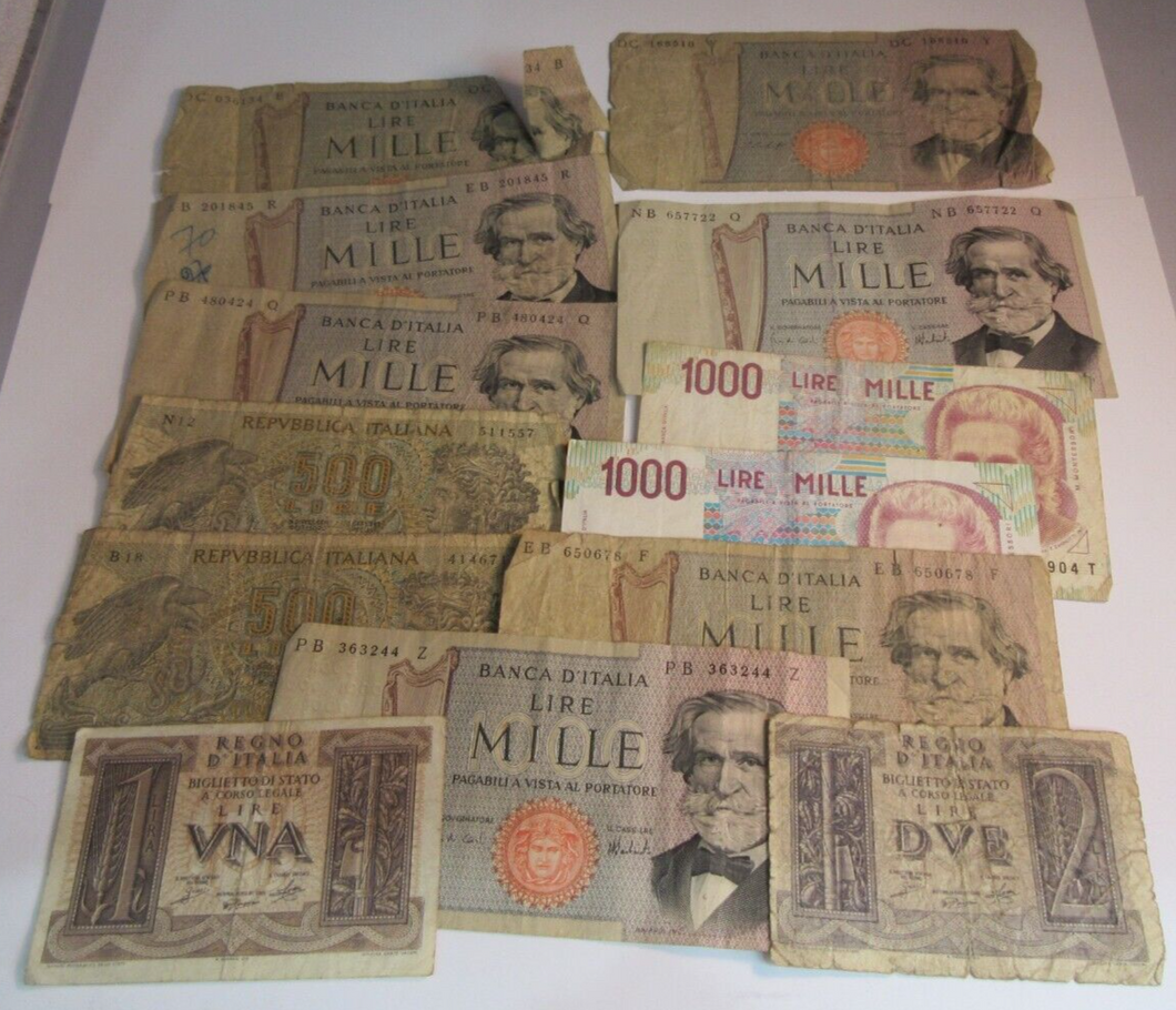 ITALY BANKNOTES LIRE VARIOUS 13 X BANKNOTES 1939-1990 WITH NOTE HOLDER