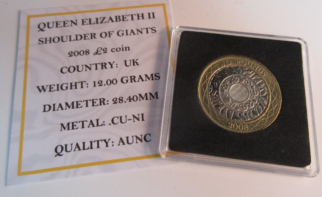 2008 SHOULDERS OF GIANTS £2 COIN AUNC PRESENTED IN QUAD CAPSULE WITH COA