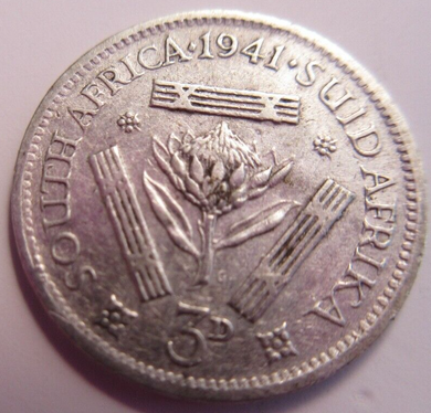 KING GEORGE VI 3d .800 SILVER THREEPENCE COIN 1941 SOUTH AFRICA VF & FLIP