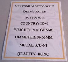 Load image into Gallery viewer, 1993 ISLE OF MAN MILLENNIUM OF TYNWALD ODIN&#39;S RAVEN BUNC 50P COIN BOX &amp; COA
